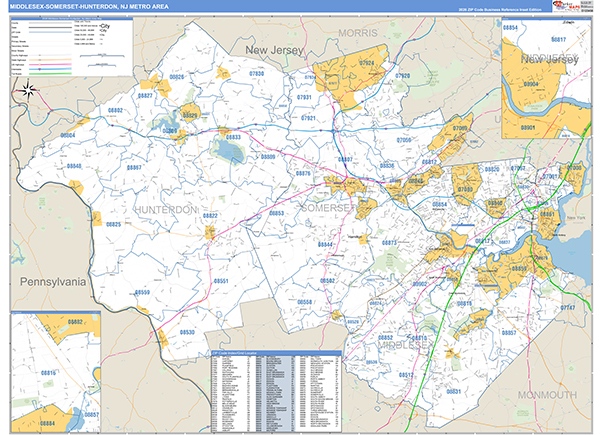 Middlesex-Somerset-Hunterdon Metro Area Wall Map